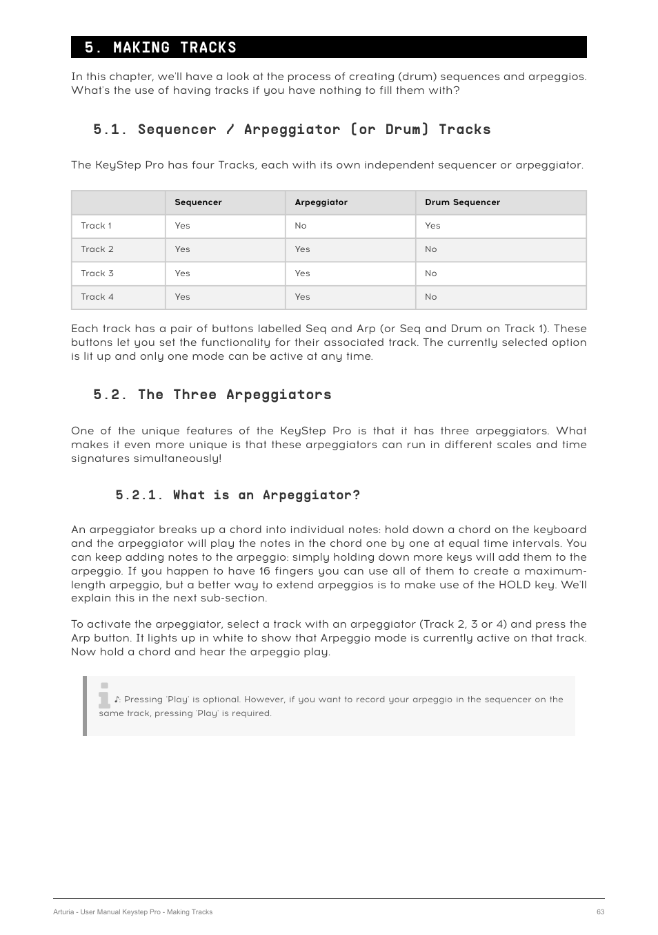 Making tracks, Sequencer / arpeggiator (or drum) tracks, The three arpeggiators | What is an arpeggiator | Arturia KeyStep Pro Keyboard with Advanced Sequencer and Arpeggiator User Manual | Page 69 / 186