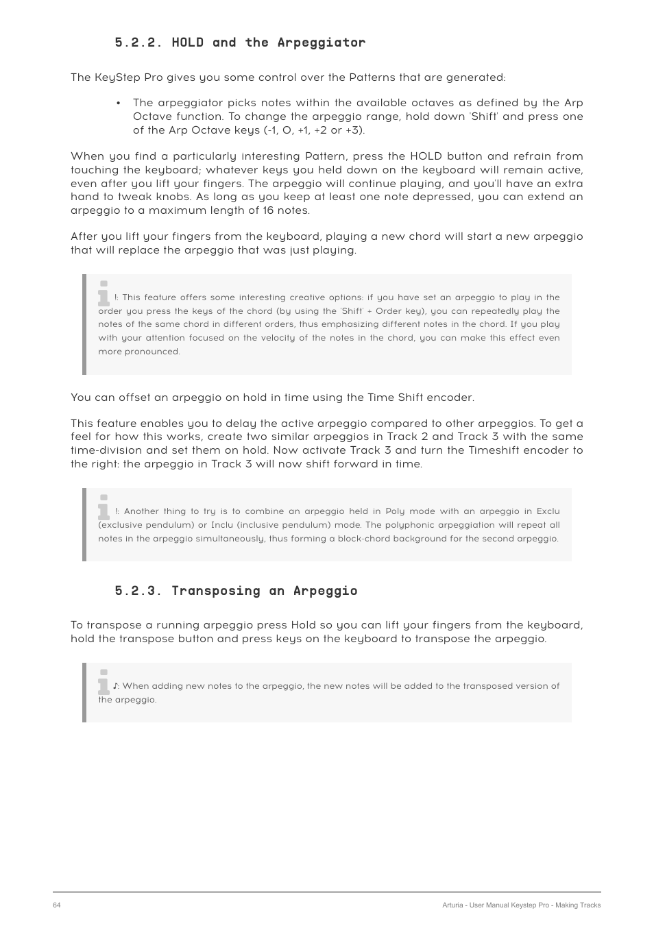 Hold and the arpeggiator, Transposing an arpeggio | Arturia KeyStep Pro Keyboard with Advanced Sequencer and Arpeggiator User Manual | Page 70 / 186