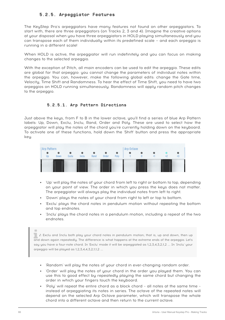 Arpeggiator features, Arp pattern directions | Arturia KeyStep Pro Keyboard with Advanced Sequencer and Arpeggiator User Manual | Page 72 / 186