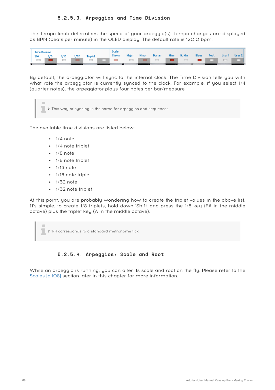 Arpeggios and time division, Arpeggios: scale and root | Arturia KeyStep Pro Keyboard with Advanced Sequencer and Arpeggiator User Manual | Page 74 / 186