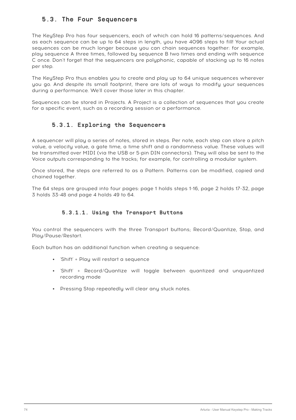 The four sequencers, Exploring the sequencers, Using the transport buttons | Arturia KeyStep Pro Keyboard with Advanced Sequencer and Arpeggiator User Manual | Page 80 / 186