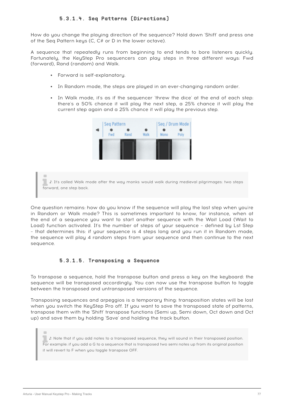 Seq patterns (directions), Transposing a sequence | Arturia KeyStep Pro Keyboard with Advanced Sequencer and Arpeggiator User Manual | Page 83 / 186