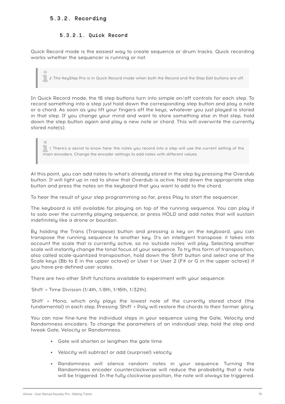 Recording, Quick record | Arturia KeyStep Pro Keyboard with Advanced Sequencer and Arpeggiator User Manual | Page 85 / 186