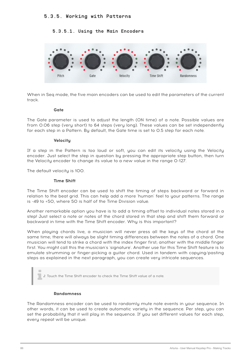 Working with patterns, Using the main encoders | Arturia KeyStep Pro Keyboard with Advanced Sequencer and Arpeggiator User Manual | Page 92 / 186