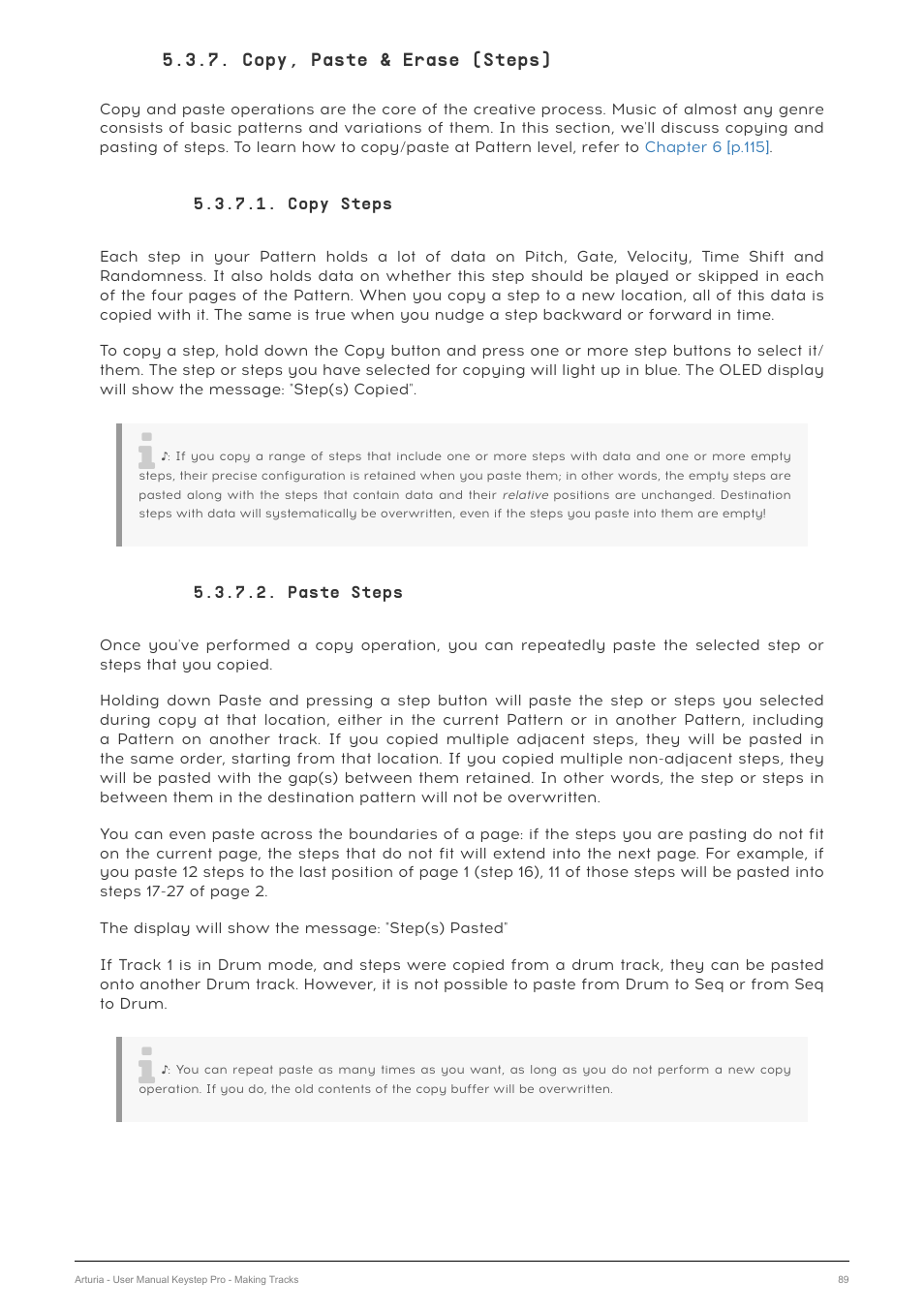 Copy, paste & erase (steps), Copy steps, Paste steps | Arturia KeyStep Pro Keyboard with Advanced Sequencer and Arpeggiator User Manual | Page 95 / 186