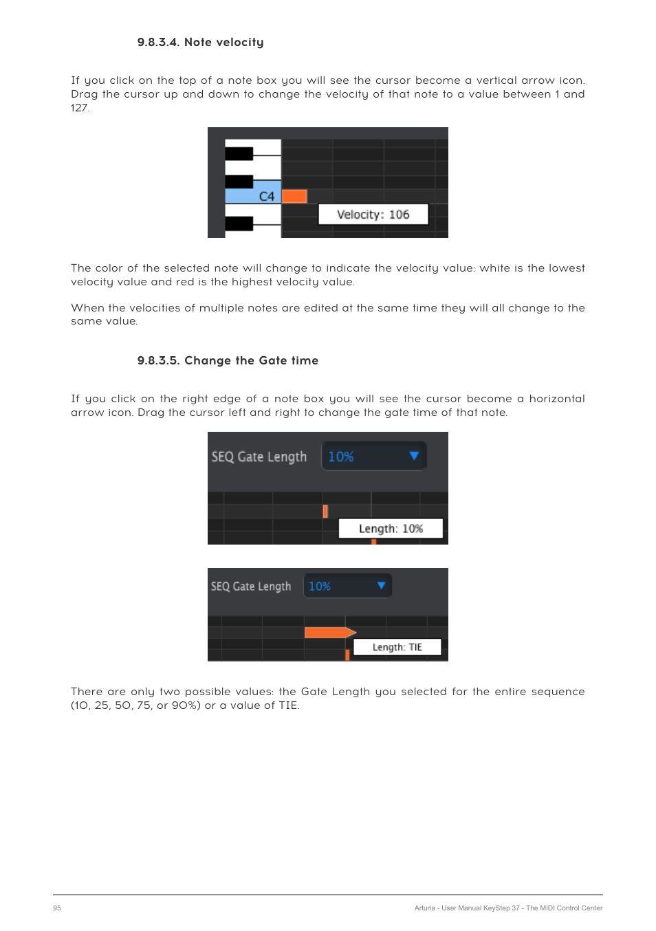 Note velocity, Change the gate time | Arturia KeyStep 37 MIDI Keyboard Controller and Sequencer User Manual | Page 100 / 119