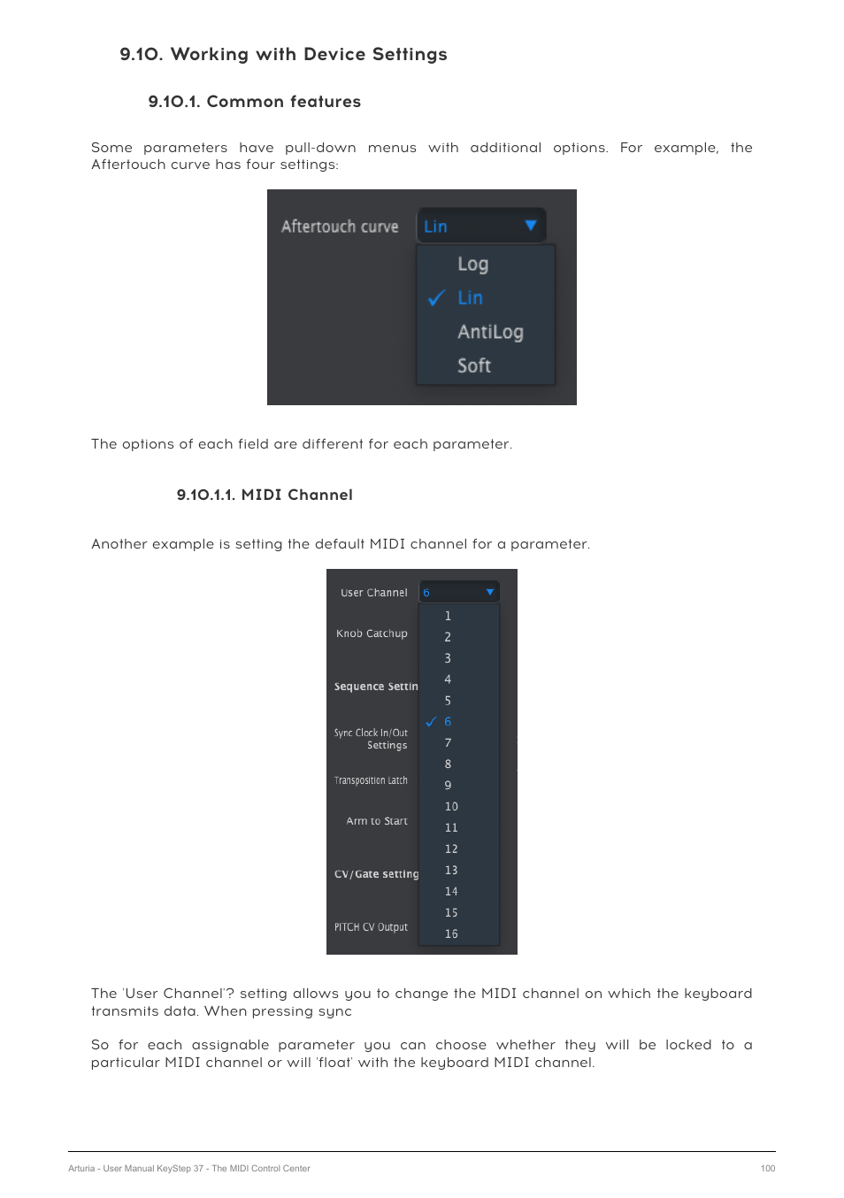 Working with device settings, Common features, Midi channel | Arturia KeyStep 37 MIDI Keyboard Controller and Sequencer User Manual | Page 105 / 119
