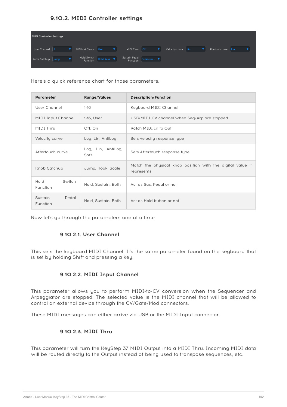 Midi controller settings, User channel, Midi input channel | Midi thru | Arturia KeyStep 37 MIDI Keyboard Controller and Sequencer User Manual | Page 107 / 119