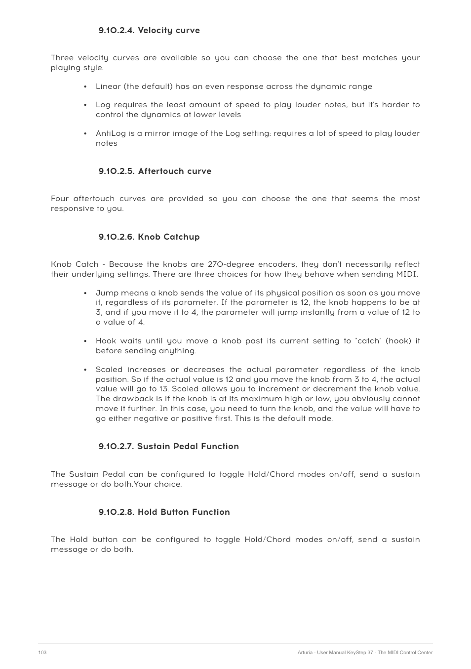 Velocity curve, Aftertouch curve, Knob catchup | Sustain pedal function, Hold button function | Arturia KeyStep 37 MIDI Keyboard Controller and Sequencer User Manual | Page 108 / 119