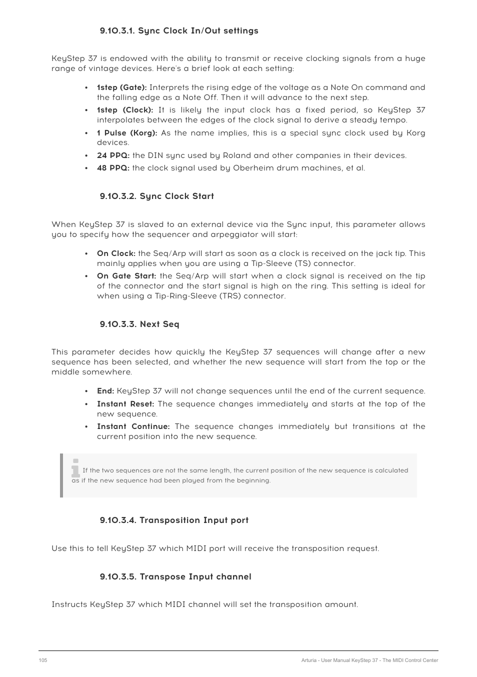 Sync clock in/out settings, Sync clock start, Next seq | Transposition input port, Transpose input channel | Arturia KeyStep 37 MIDI Keyboard Controller and Sequencer User Manual | Page 110 / 119