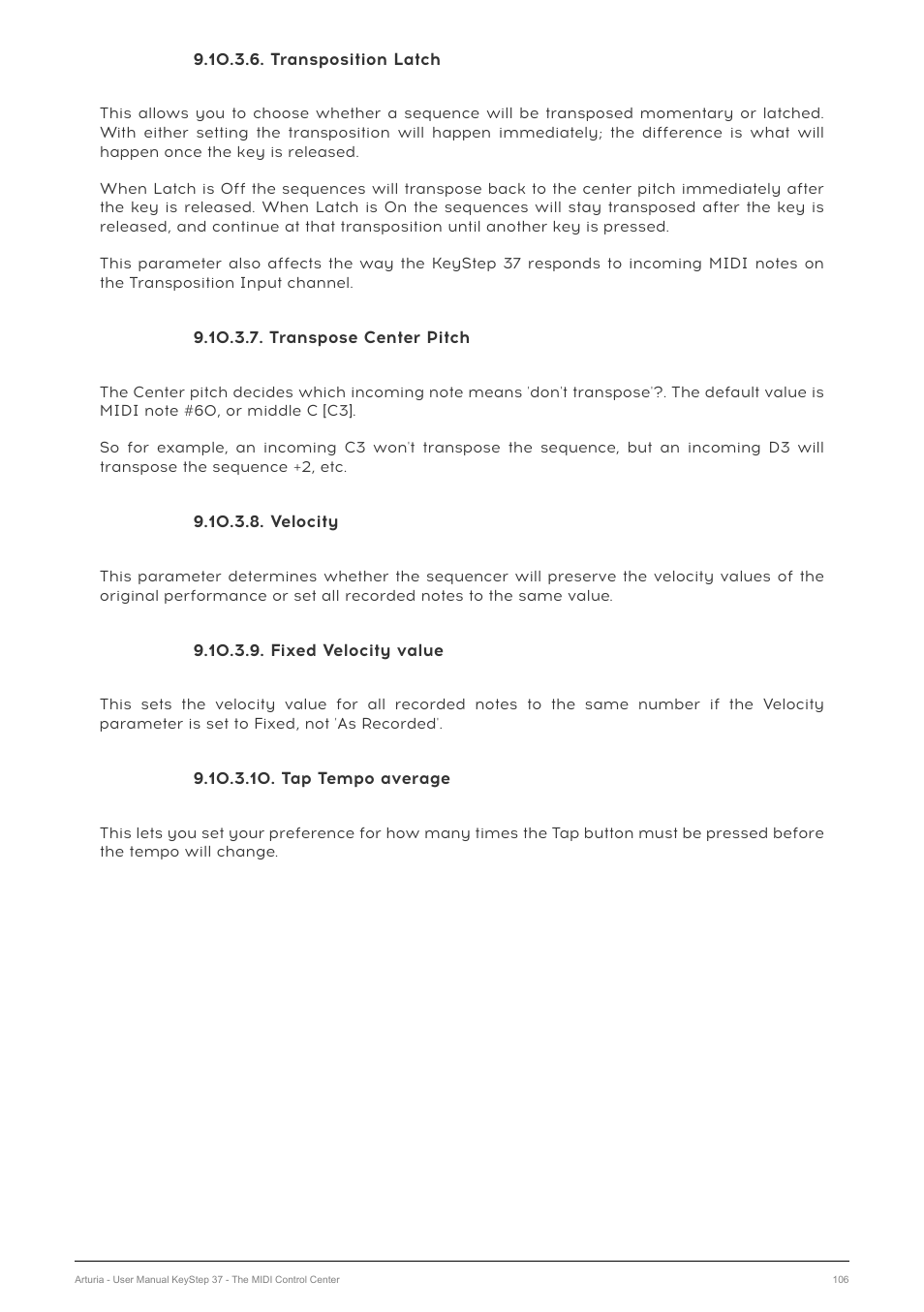 Transposition latch, Transpose center pitch, Velocity | Fixed velocity value, Tap tempo average | Arturia KeyStep 37 MIDI Keyboard Controller and Sequencer User Manual | Page 111 / 119