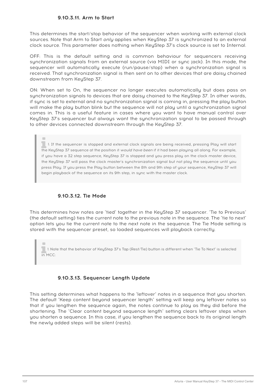 Arm to start, Tie mode, Sequencer length update | Arturia KeyStep 37 MIDI Keyboard Controller and Sequencer User Manual | Page 112 / 119