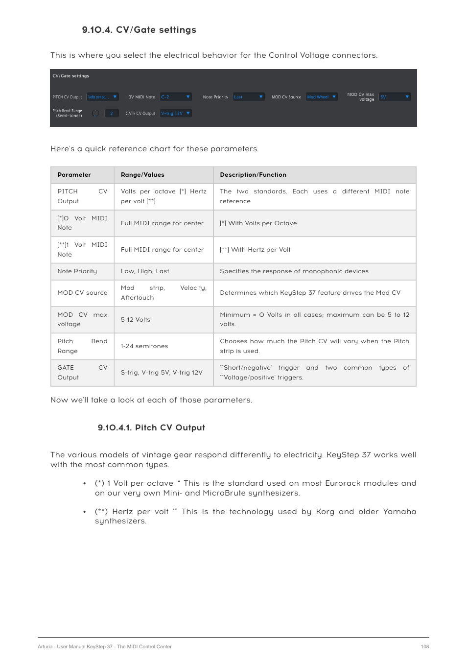 Cv/gate settings, Pitch cv output | Arturia KeyStep 37 MIDI Keyboard Controller and Sequencer User Manual | Page 113 / 119