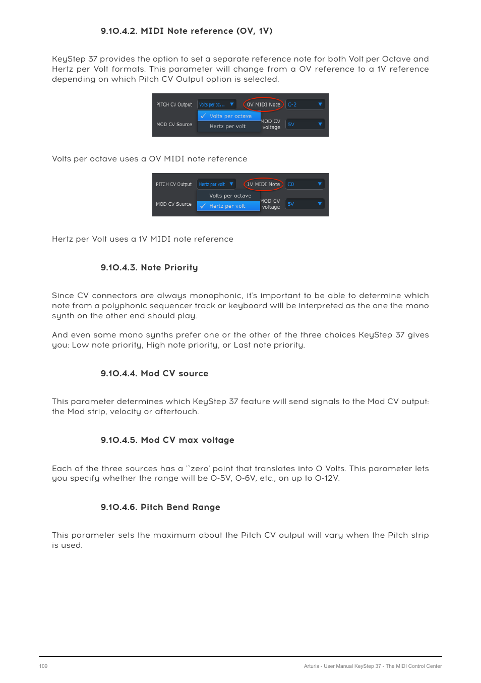 Midi note reference (0v, 1v), Note priority, Mod cv source | Mod cv max voltage, Pitch bend range | Arturia KeyStep 37 MIDI Keyboard Controller and Sequencer User Manual | Page 114 / 119