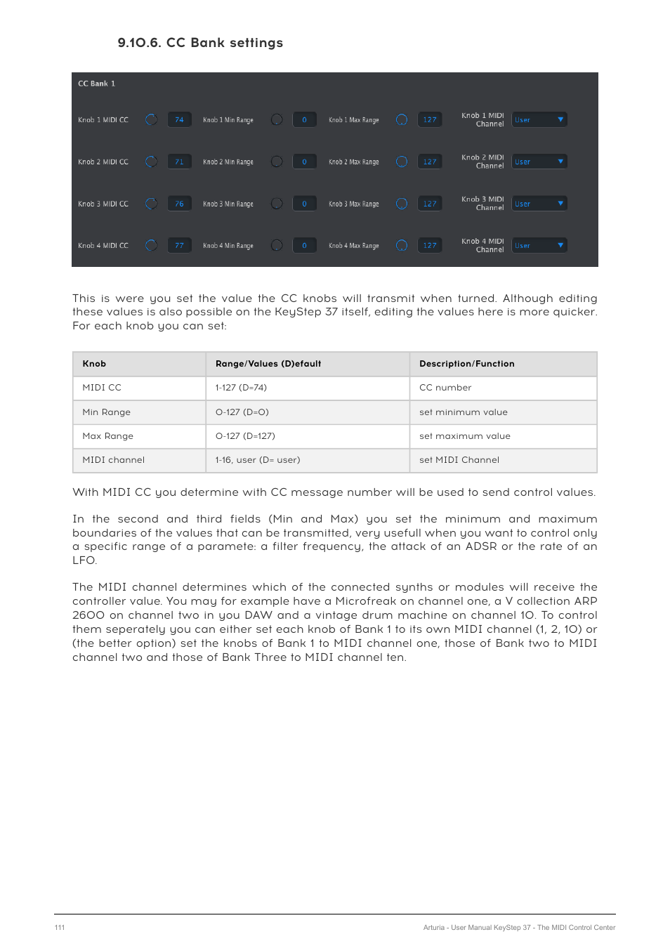 Cc bank settings | Arturia KeyStep 37 MIDI Keyboard Controller and Sequencer User Manual | Page 116 / 119