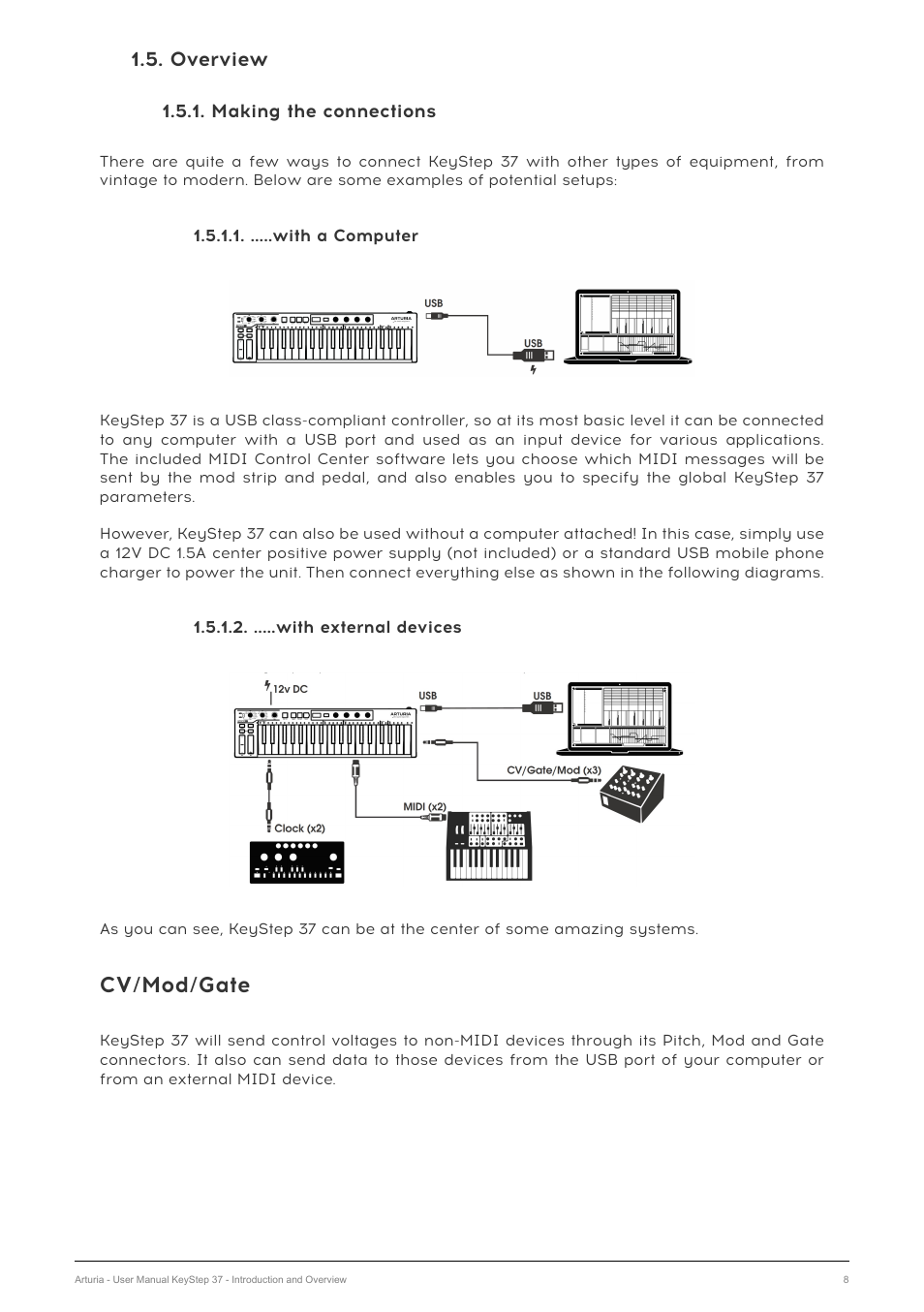 Overview, Making the connections, With a computer | With external devices, Cv/mod/gate | Arturia KeyStep 37 MIDI Keyboard Controller and Sequencer User Manual | Page 13 / 119