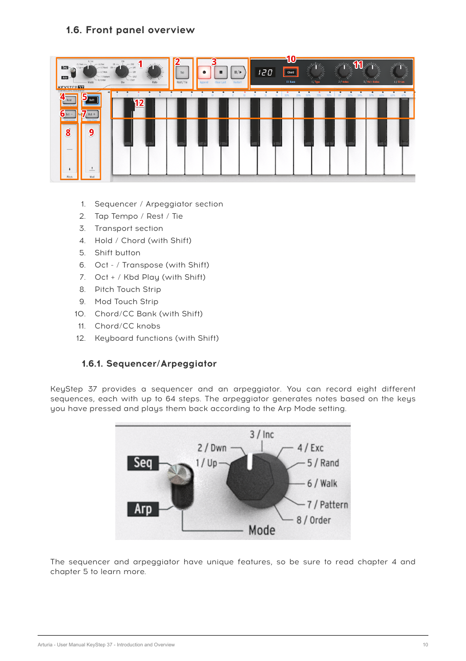 Front panel overview, Sequencer/arpeggiator | Arturia KeyStep 37 MIDI Keyboard Controller and Sequencer User Manual | Page 15 / 119