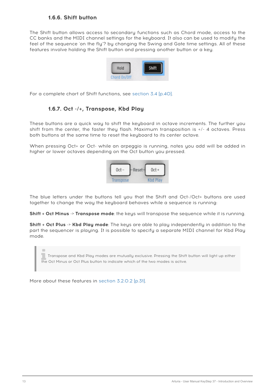 Shift button, Oct -/+, transpose, kbd play | Arturia KeyStep 37 MIDI Keyboard Controller and Sequencer User Manual | Page 18 / 119