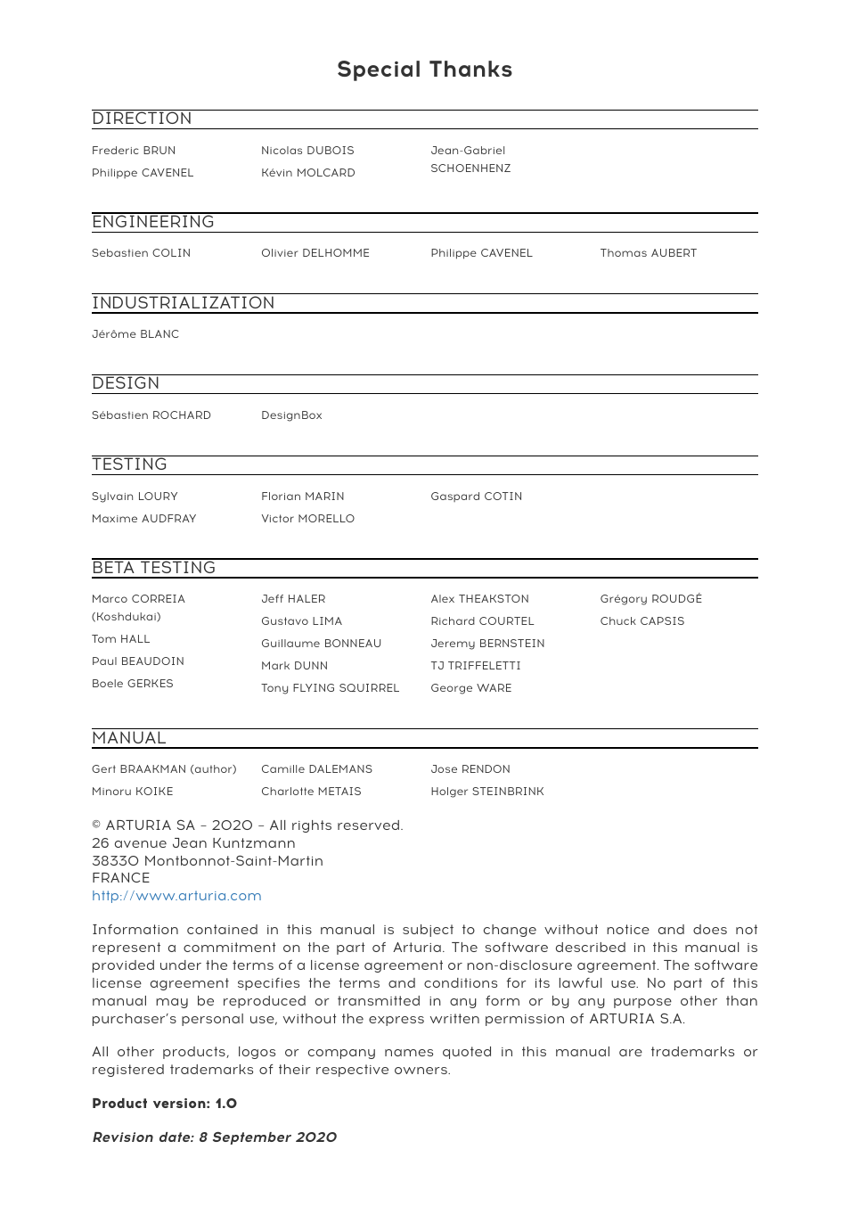 Special thanks, Direction, Engineering | Industrialization, Design, Testing, Beta testing, Manual | Arturia KeyStep 37 MIDI Keyboard Controller and Sequencer User Manual | Page 2 / 119