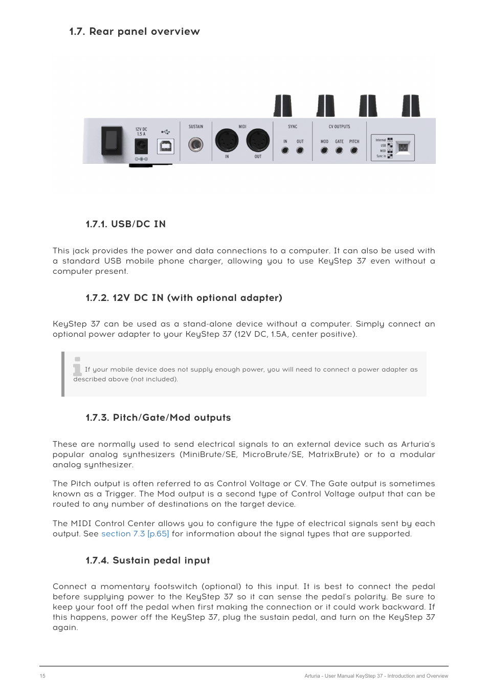 Rear panel overview, Usb/dc in, 12v dc in (with optional adapter) | Pitch/gate/mod outputs, Sustain pedal input | Arturia KeyStep 37 MIDI Keyboard Controller and Sequencer User Manual | Page 20 / 119