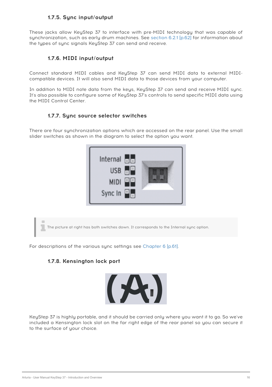 Sync input/output, Midi input/output, Sync source selector switches | Kensington lock port | Arturia KeyStep 37 MIDI Keyboard Controller and Sequencer User Manual | Page 21 / 119