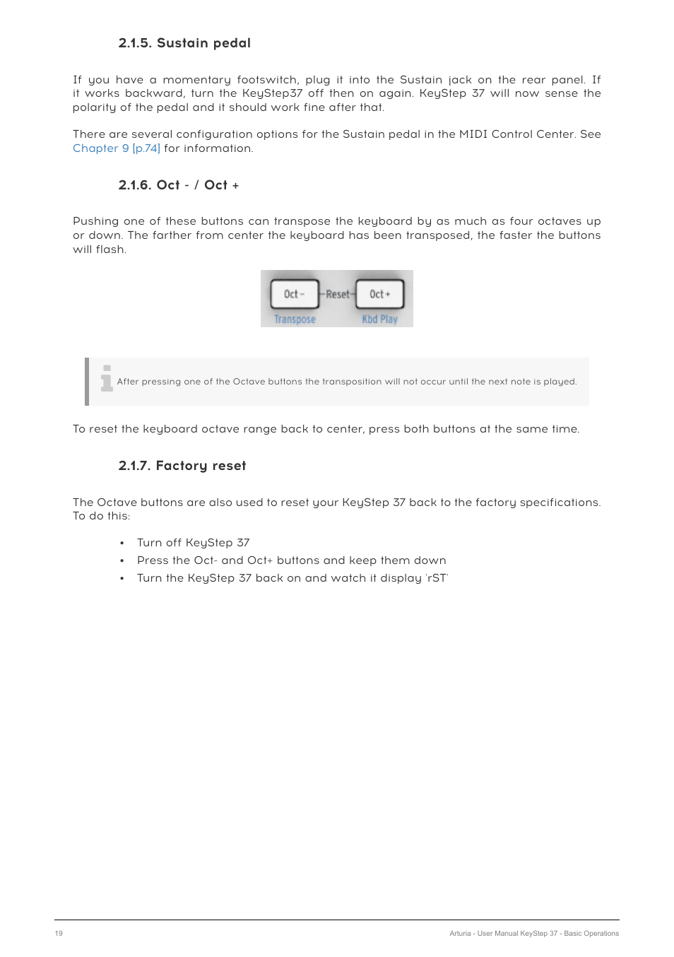 Sustain pedal, Oct - / oct, Factory reset | Arturia KeyStep 37 MIDI Keyboard Controller and Sequencer User Manual | Page 24 / 119