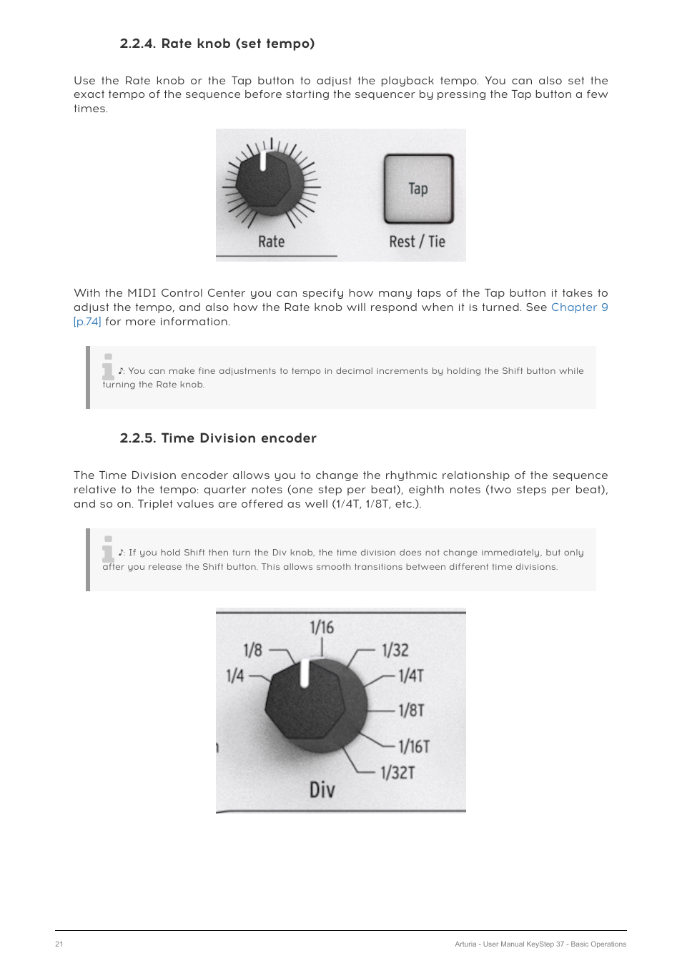 Rate knob (set tempo), Time division encoder | Arturia KeyStep 37 MIDI Keyboard Controller and Sequencer User Manual | Page 26 / 119