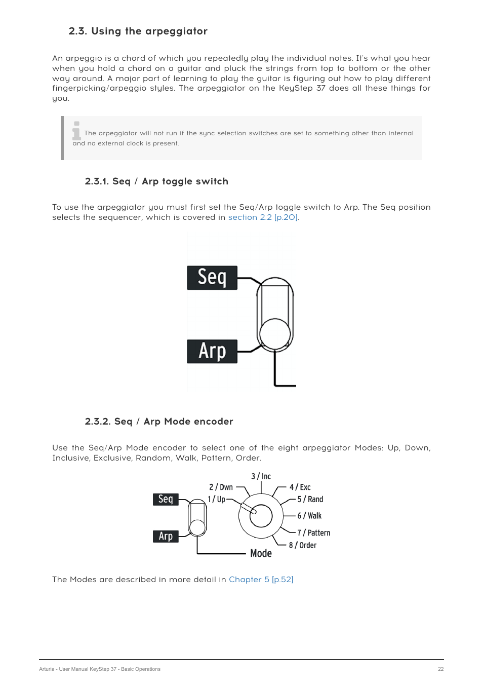 Using the arpeggiator, Seq / arp toggle switch, Seq / arp mode encoder | Section 2.3 [p.22 | Arturia KeyStep 37 MIDI Keyboard Controller and Sequencer User Manual | Page 27 / 119