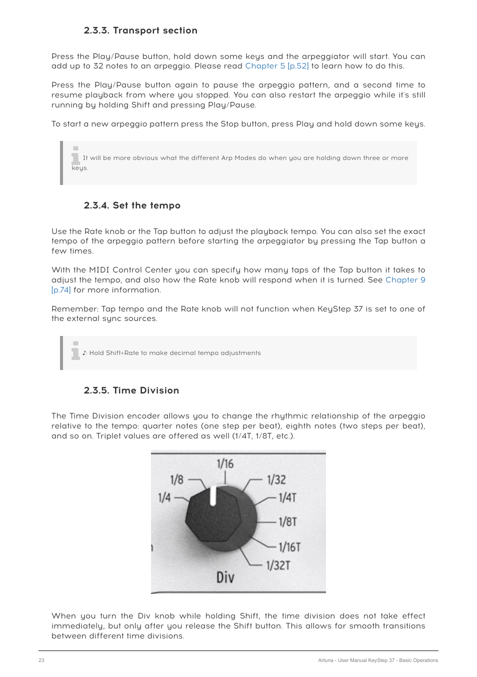 Transport section, Set the tempo, Time division | Arturia KeyStep 37 MIDI Keyboard Controller and Sequencer User Manual | Page 28 / 119