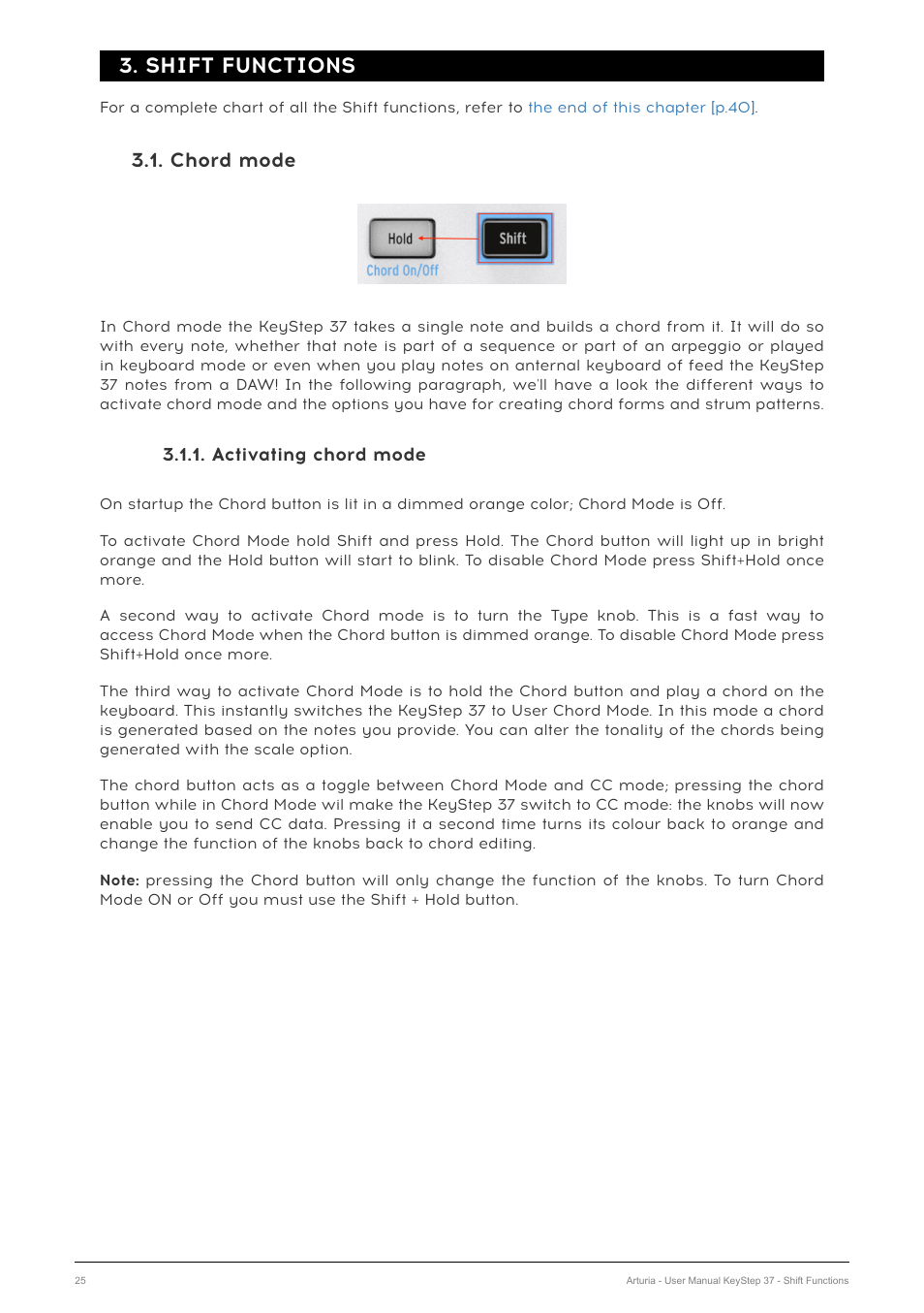 Shift functions, Chord mode, Activating chord mode | Chapter, 3 [p.25, Section 3.1 [p.25, Chapter 3 [p.25 | Arturia KeyStep 37 MIDI Keyboard Controller and Sequencer User Manual | Page 30 / 119