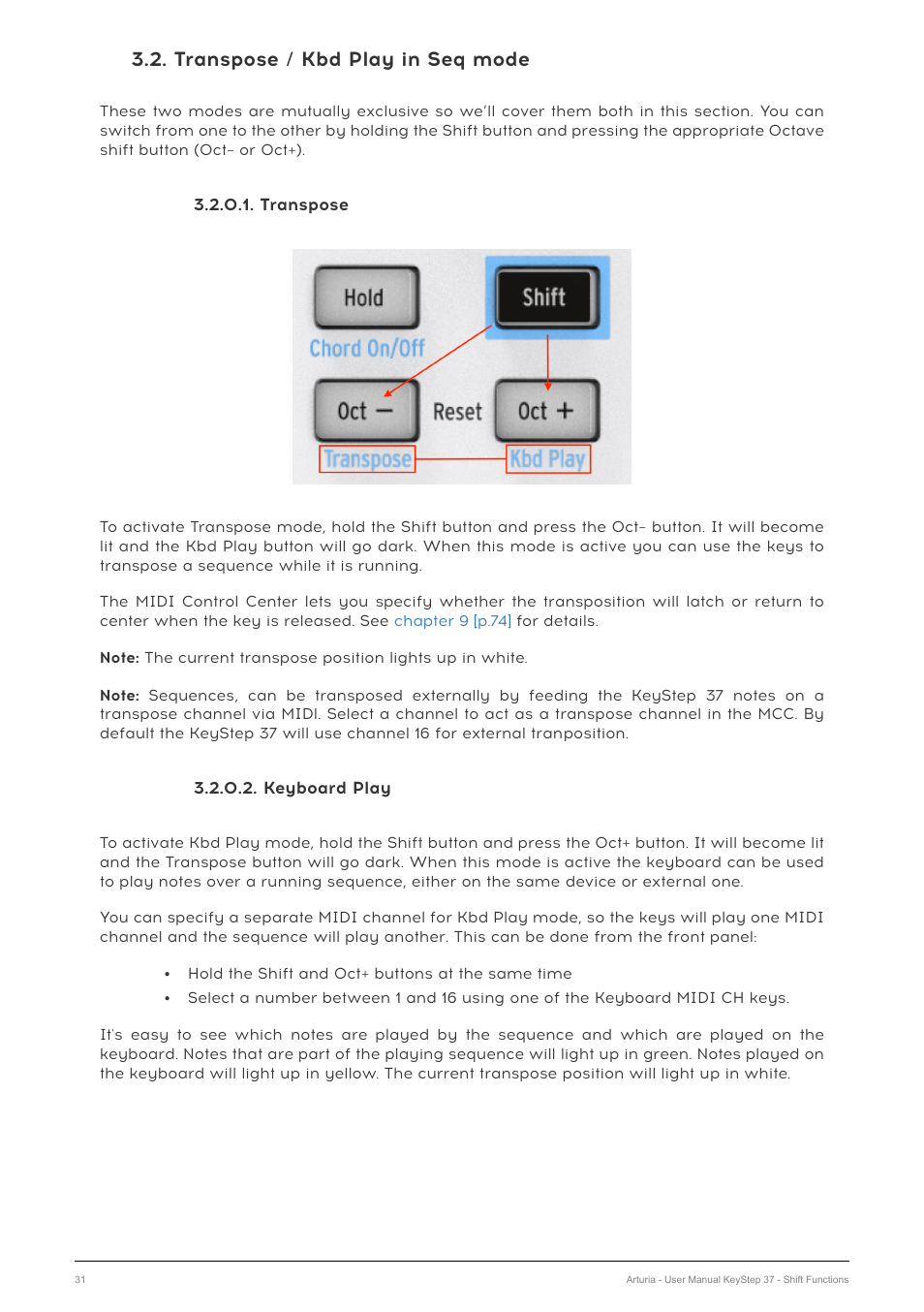 Transpose / kbd play in seq mode, Transpose, Keyboard play | Section 3.2.0.2 [p.31 | Arturia KeyStep 37 MIDI Keyboard Controller and Sequencer User Manual | Page 36 / 119