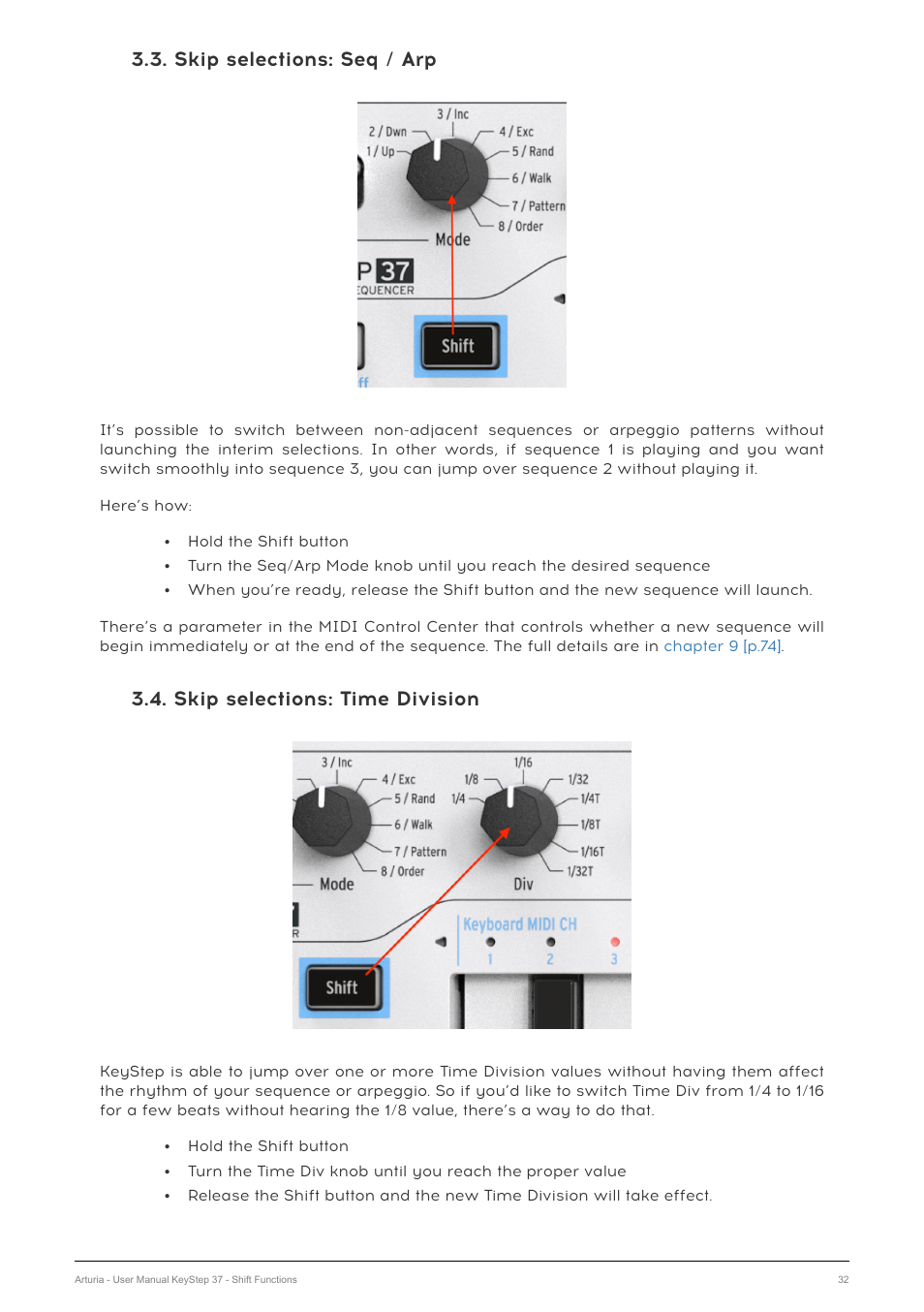 Skip selections: seq / arp, Skip selections: time division | Arturia KeyStep 37 MIDI Keyboard Controller and Sequencer User Manual | Page 37 / 119