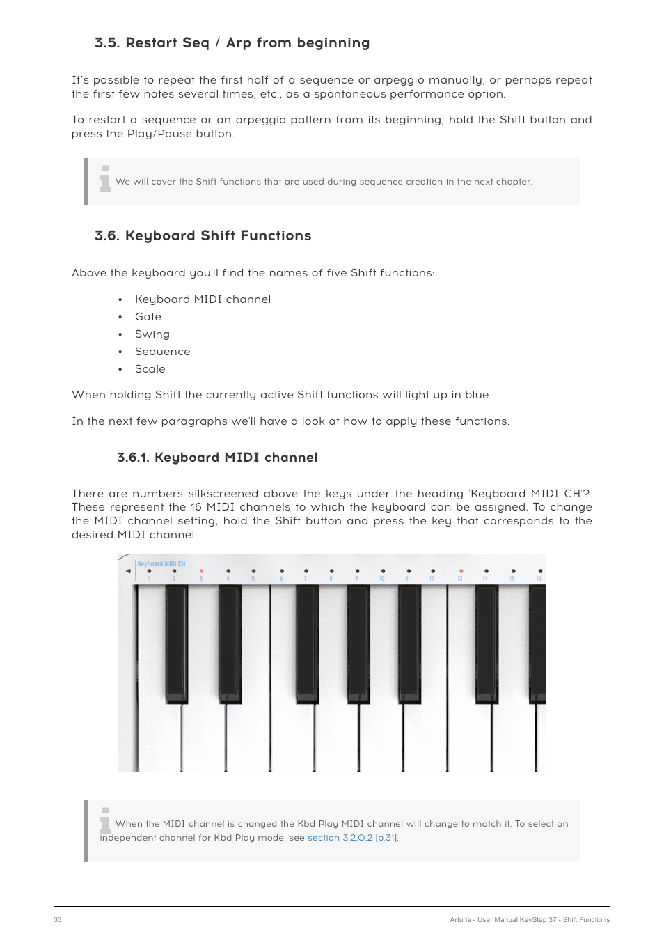 Restart seq / arp from beginning, Keyboard shift functions, Keyboard midi channel | Arturia KeyStep 37 MIDI Keyboard Controller and Sequencer User Manual | Page 38 / 119