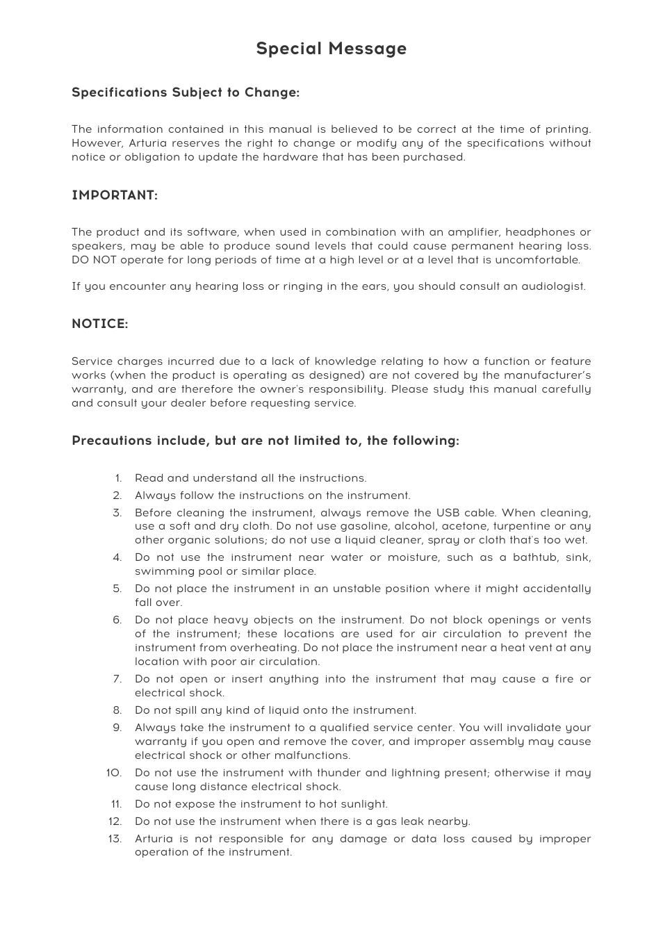 Special message, Specifications subject to change, Important | Notice | Arturia KeyStep 37 MIDI Keyboard Controller and Sequencer User Manual | Page 4 / 119