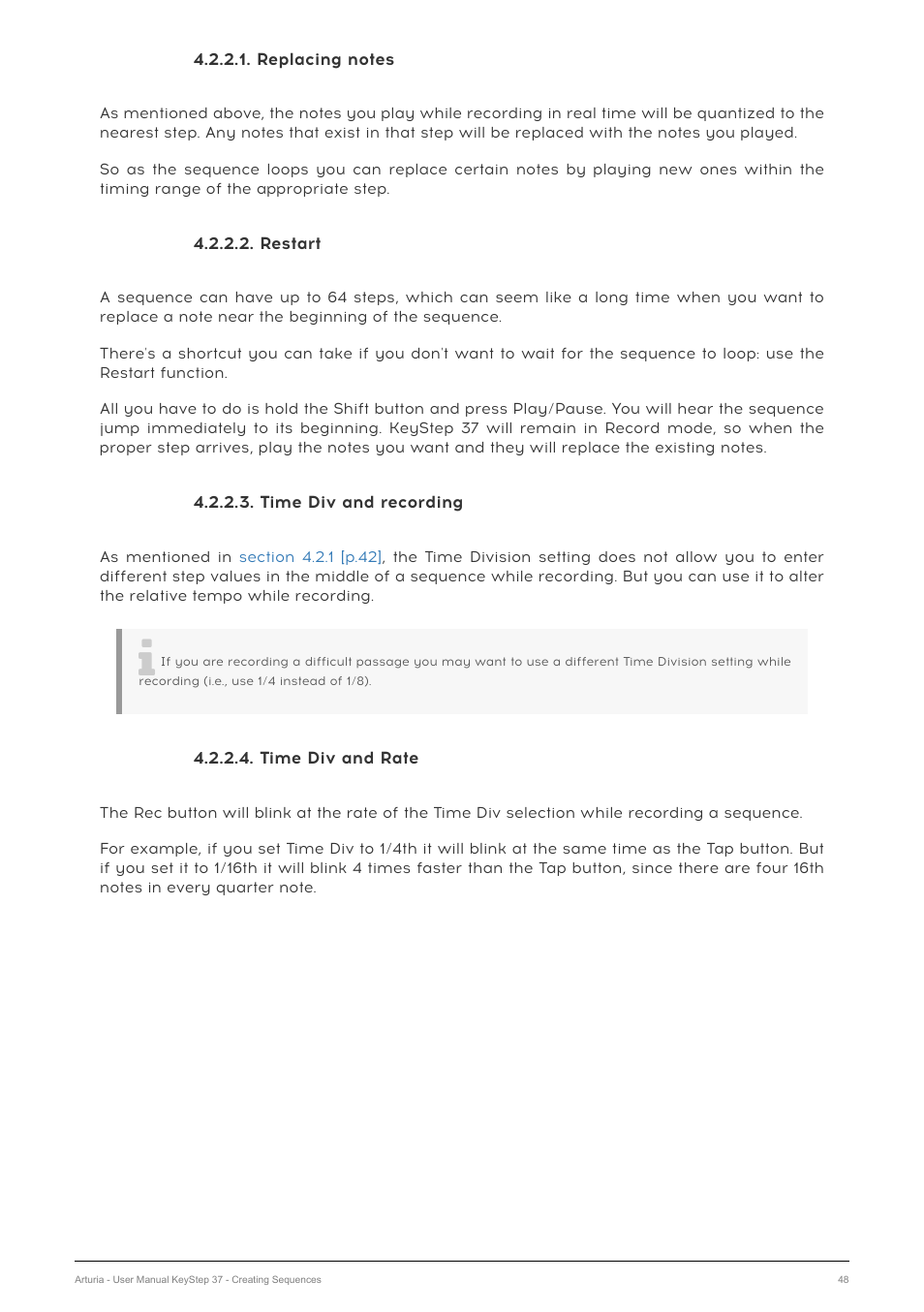 Replacing notes, Restart, Time div and recording | Time div and rate | Arturia KeyStep 37 MIDI Keyboard Controller and Sequencer User Manual | Page 53 / 119