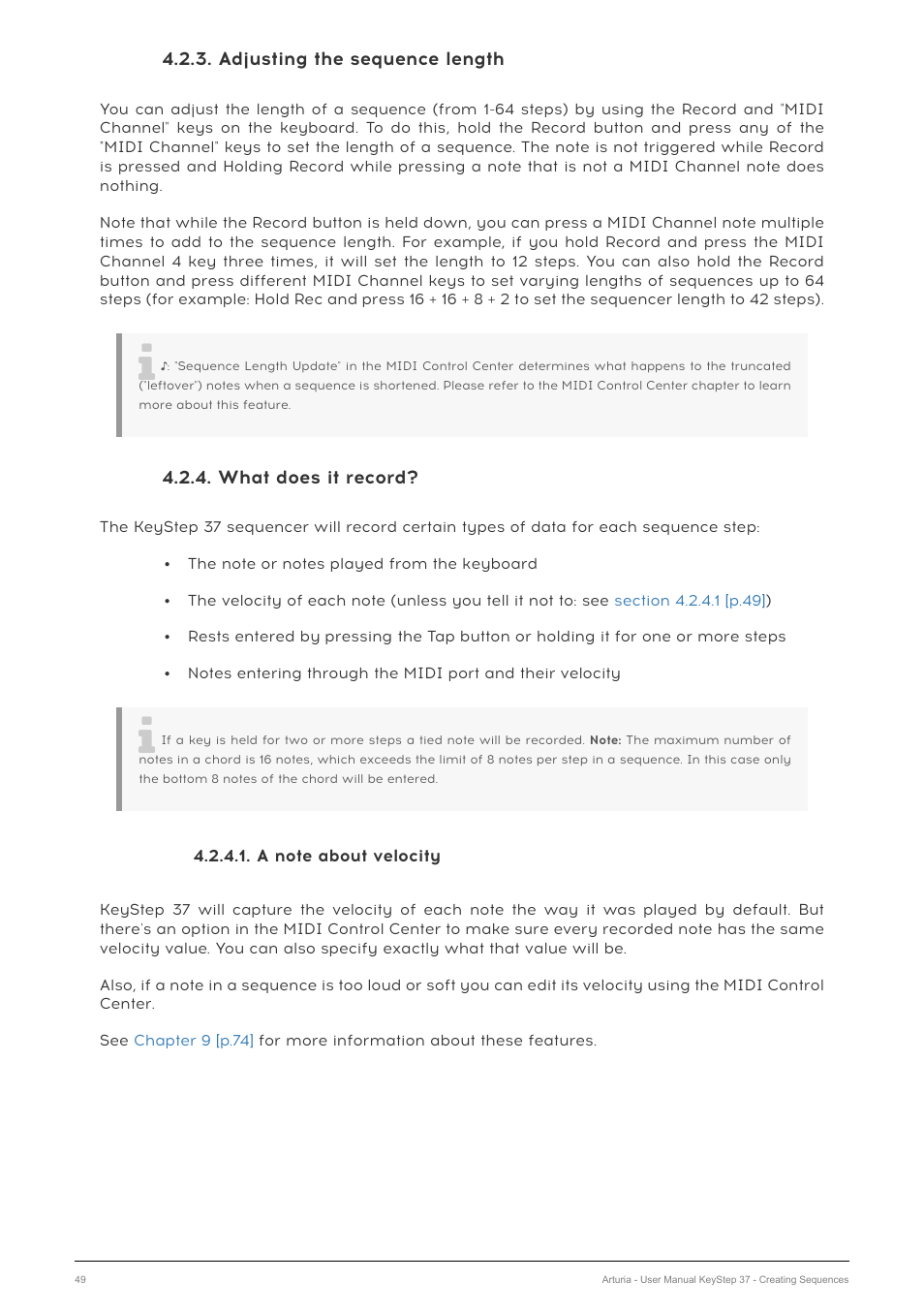 Adjusting the sequence length, What does it record, A note about velocity | Arturia KeyStep 37 MIDI Keyboard Controller and Sequencer User Manual | Page 54 / 119