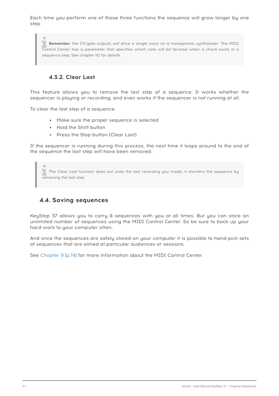 Clear last, Saving sequences | Arturia KeyStep 37 MIDI Keyboard Controller and Sequencer User Manual | Page 56 / 119