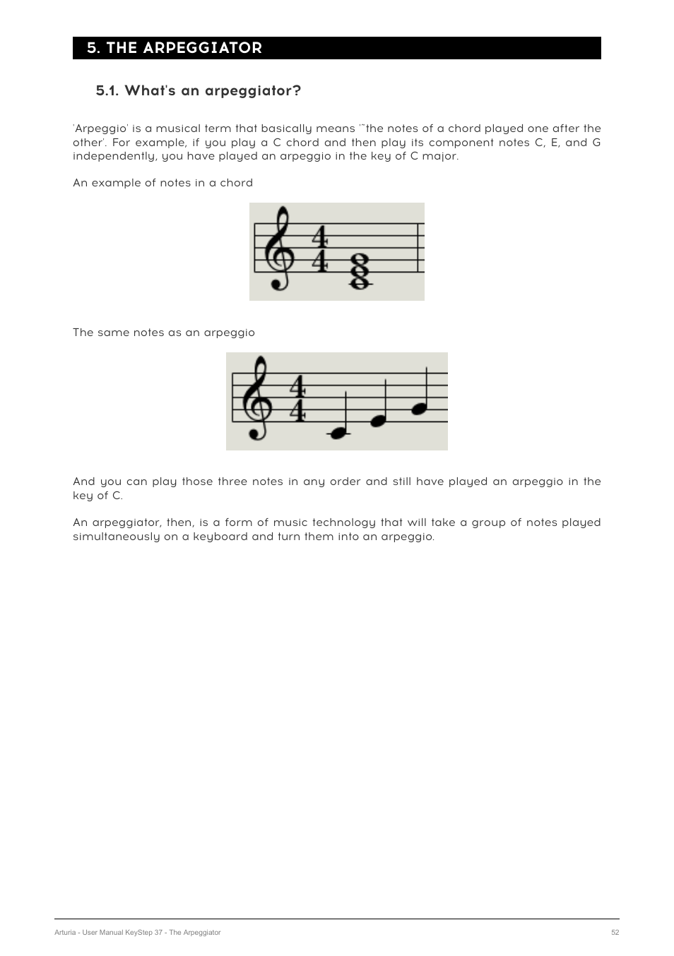 The arpeggiator, What's an arpeggiator, Chapter 5 [p.52 | Arturia KeyStep 37 MIDI Keyboard Controller and Sequencer User Manual | Page 57 / 119