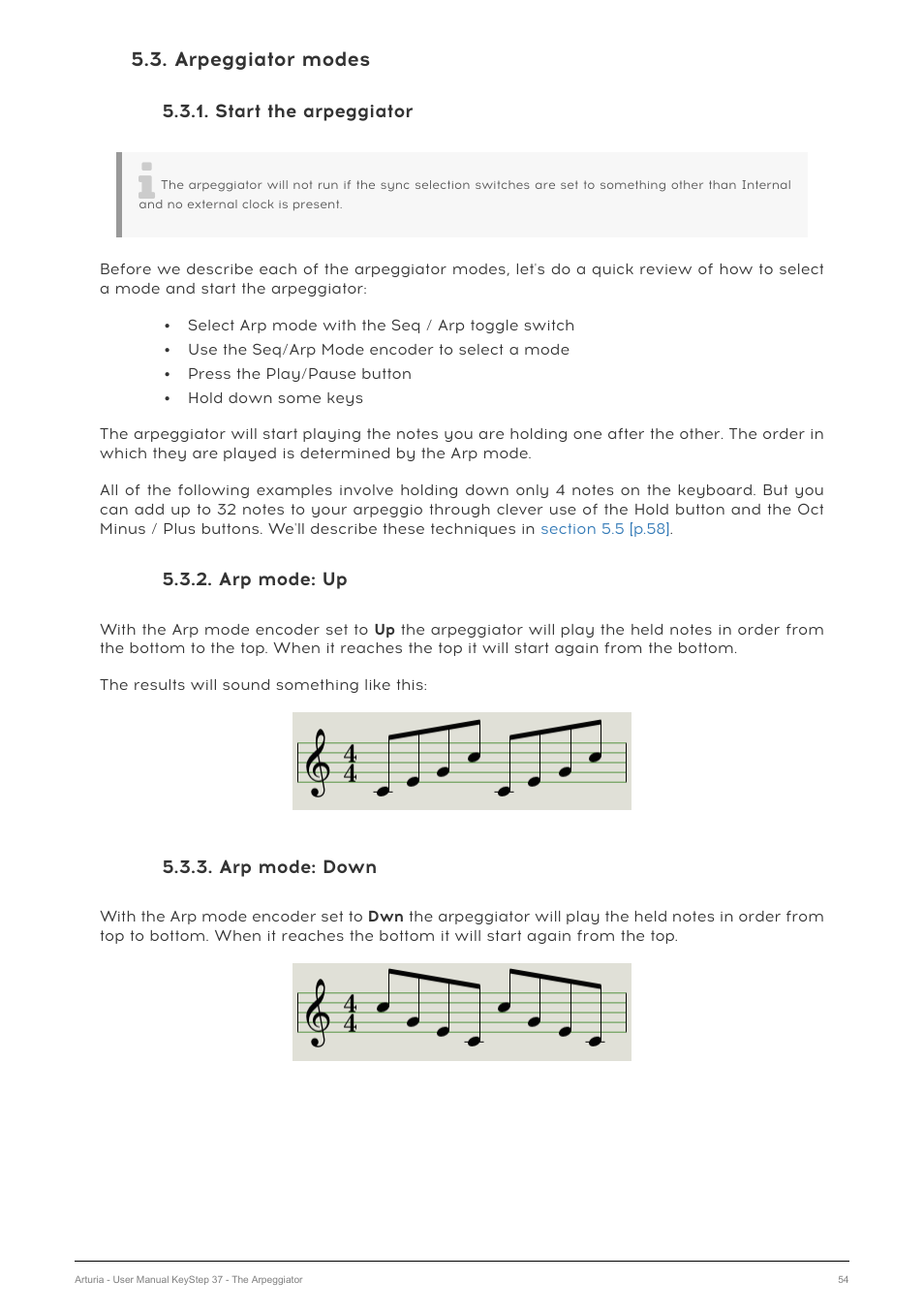 Arpeggiator modes, Start the arpeggiator, Arp mode: up | Arp mode: down | Arturia KeyStep 37 MIDI Keyboard Controller and Sequencer User Manual | Page 59 / 119