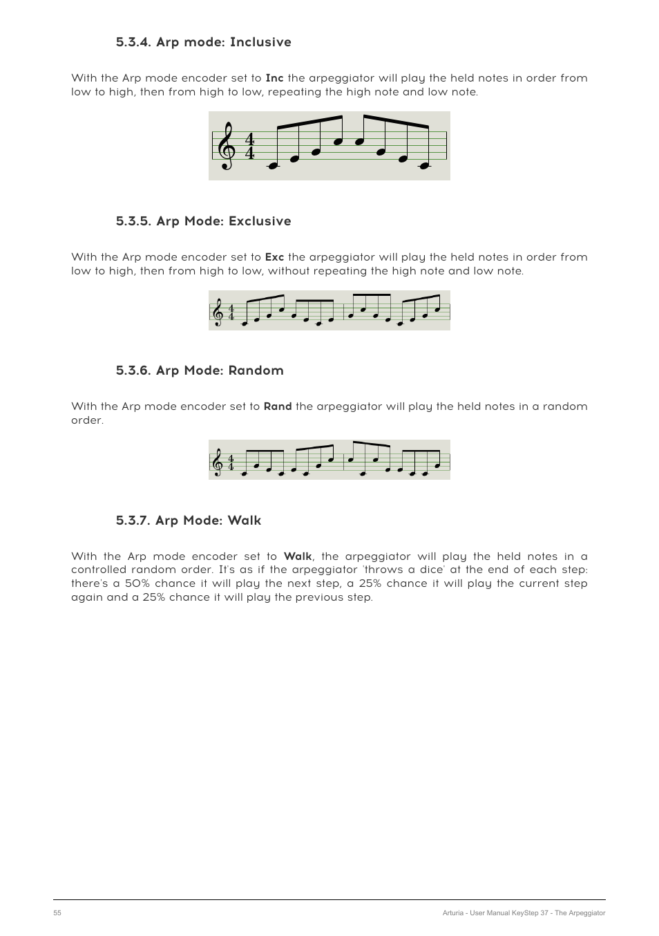Arp mode: inclusive, Arp mode: exclusive, Arp mode: random | Arp mode: walk | Arturia KeyStep 37 MIDI Keyboard Controller and Sequencer User Manual | Page 60 / 119