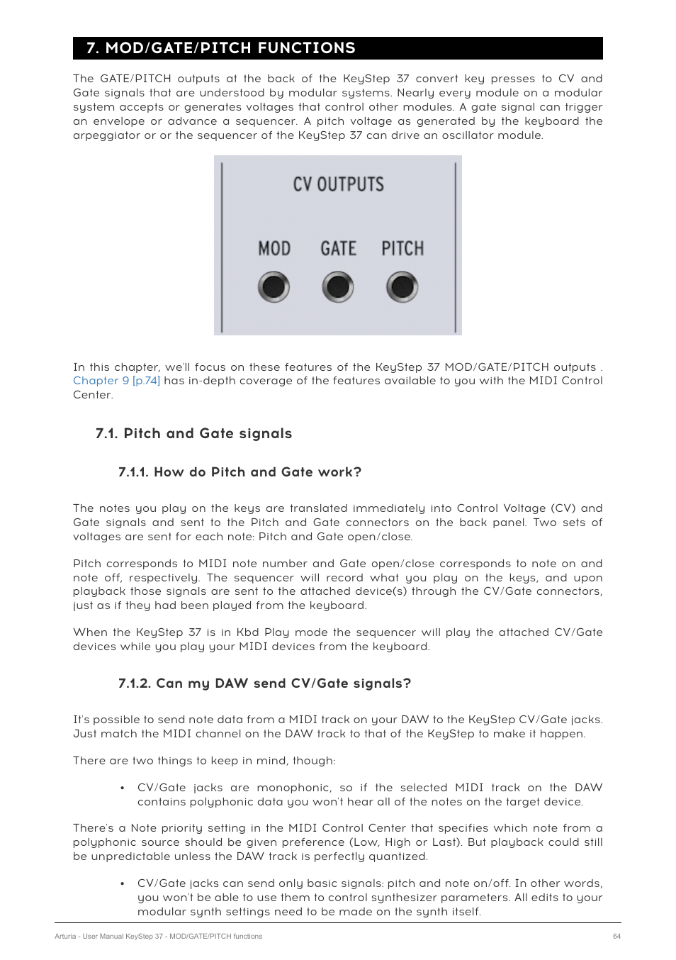 Mod/gate/pitch functions, Pitch and gate signals, How do pitch and gate work | Can my daw send cv/gate signals | Arturia KeyStep 37 MIDI Keyboard Controller and Sequencer User Manual | Page 69 / 119
