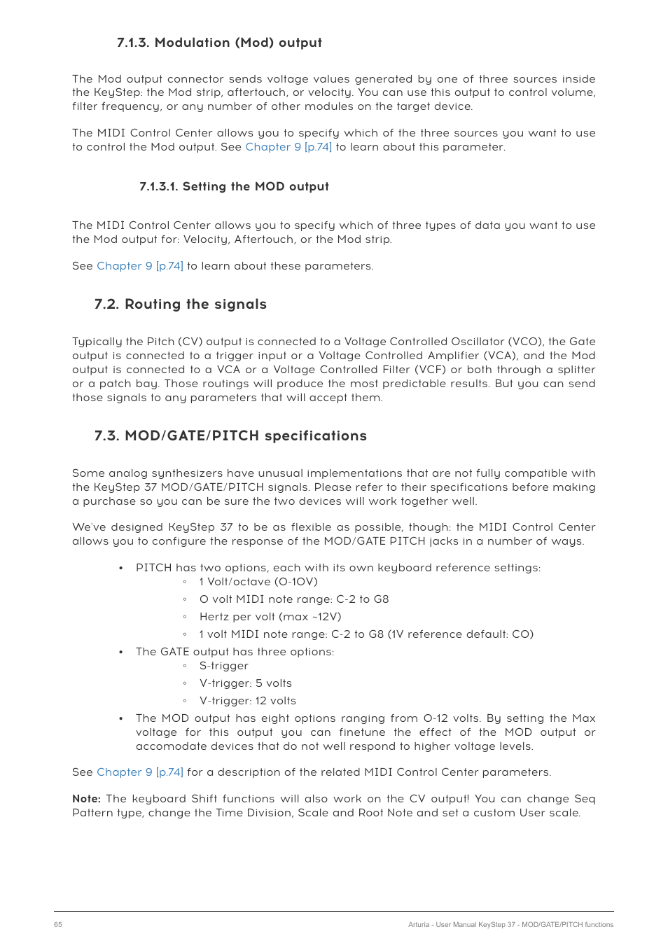 Modulation (mod) output, Setting the mod output, Routing the signals | Mod/gate/pitch specifications | Arturia KeyStep 37 MIDI Keyboard Controller and Sequencer User Manual | Page 70 / 119