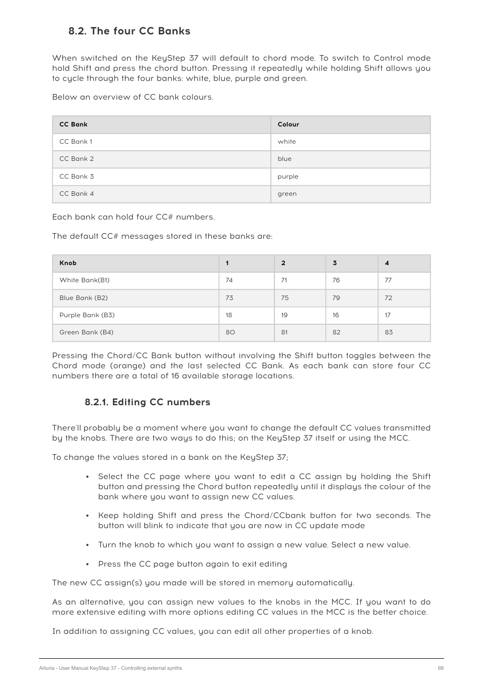 The four cc banks, Editing cc numbers | Arturia KeyStep 37 MIDI Keyboard Controller and Sequencer User Manual | Page 73 / 119