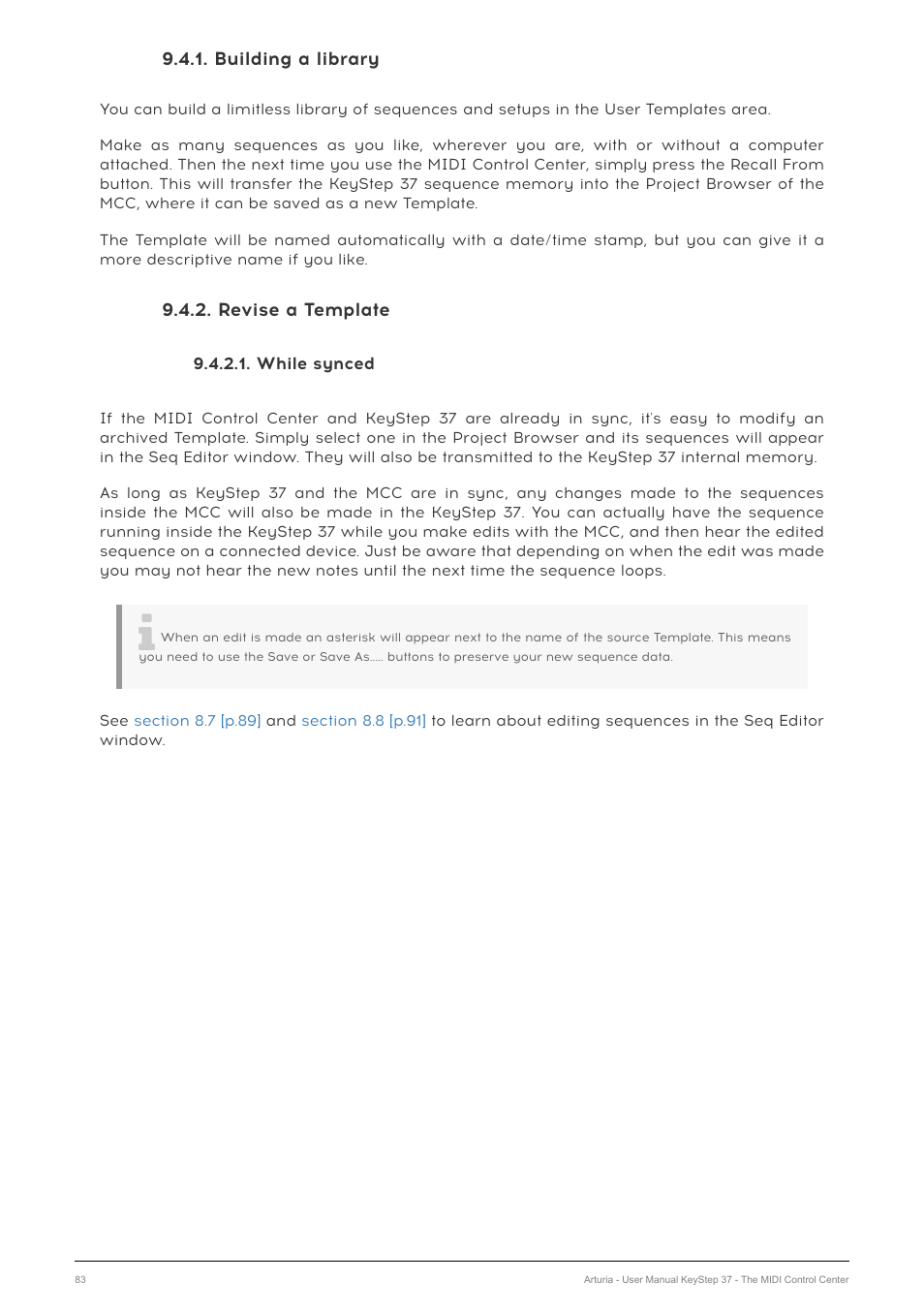 Building a library, Revise a template, While synced | Arturia KeyStep 37 MIDI Keyboard Controller and Sequencer User Manual | Page 88 / 119