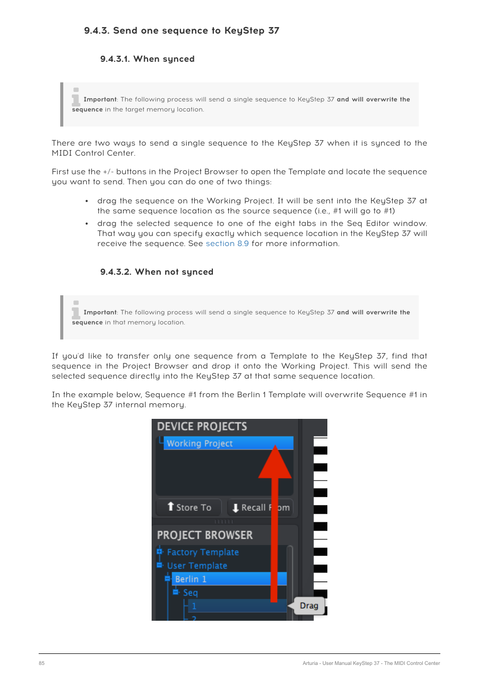 Send one sequence to keystep 37, When synced, When not synced | Arturia KeyStep 37 MIDI Keyboard Controller and Sequencer User Manual | Page 90 / 119