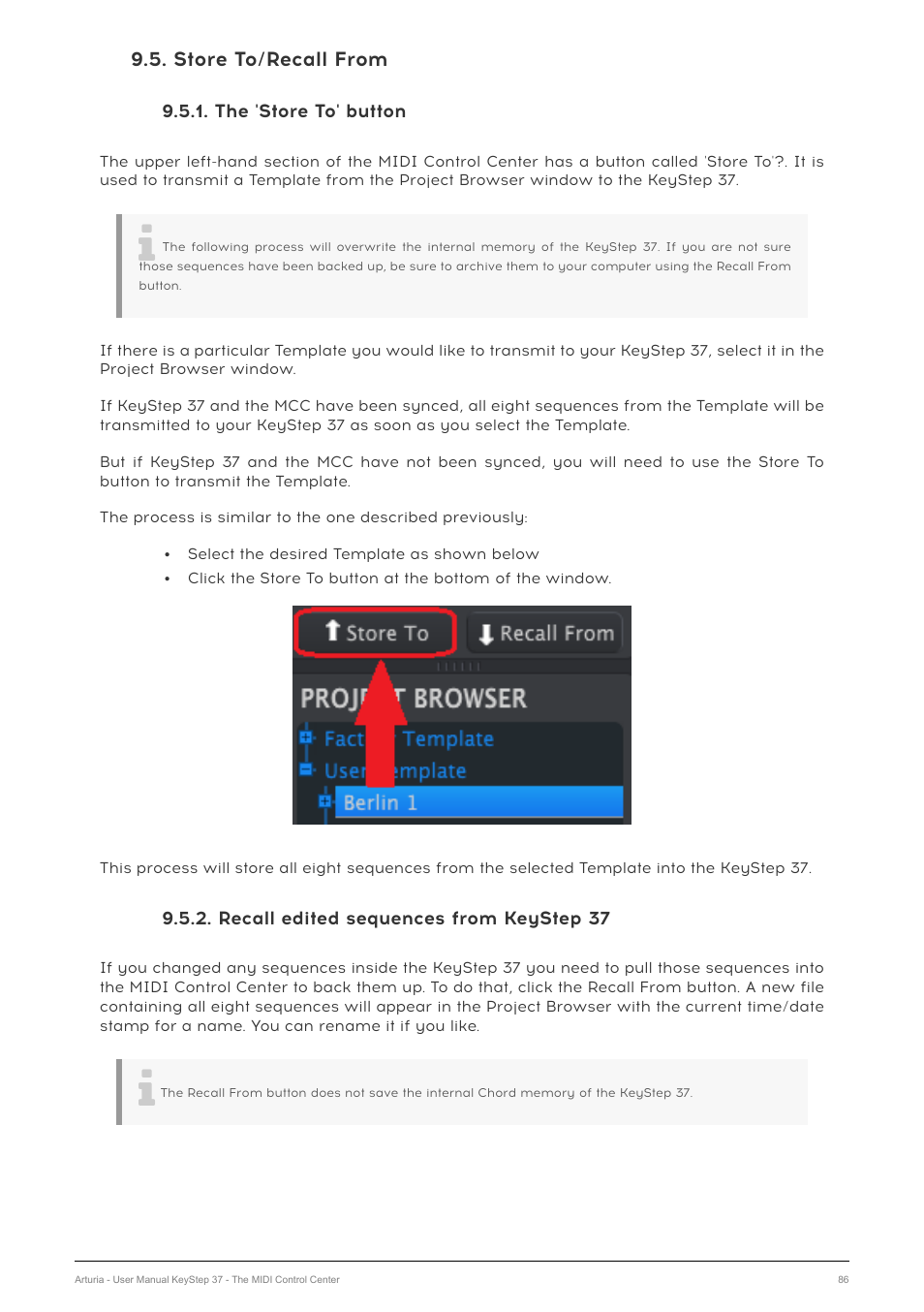Store to/recall from, The 'store to' button, Recall edited sequences from keystep 37 | Arturia KeyStep 37 MIDI Keyboard Controller and Sequencer User Manual | Page 91 / 119