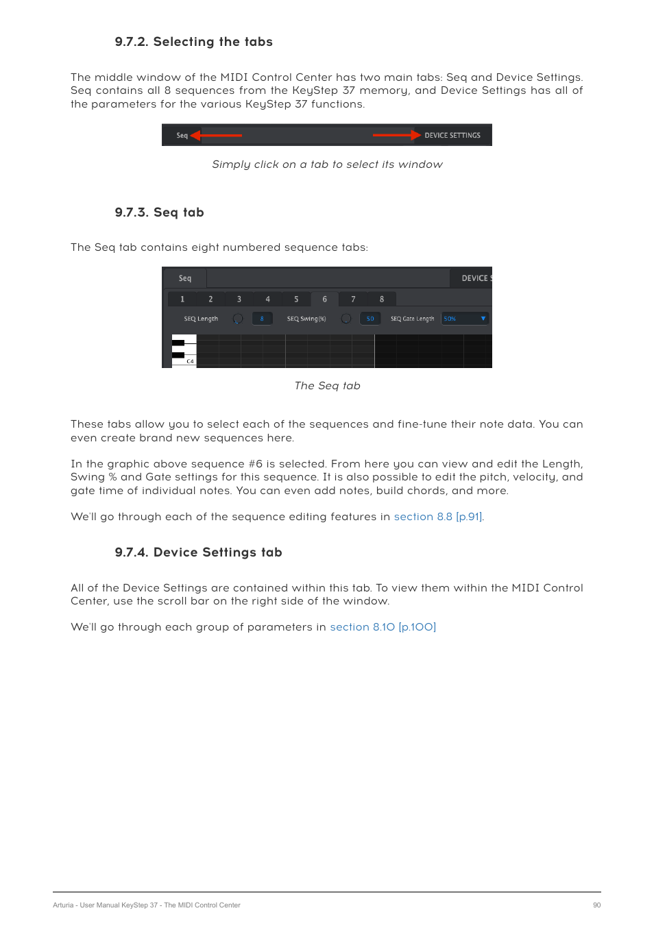 Selecting the tabs, Seq tab, Device settings tab | Arturia KeyStep 37 MIDI Keyboard Controller and Sequencer User Manual | Page 95 / 119