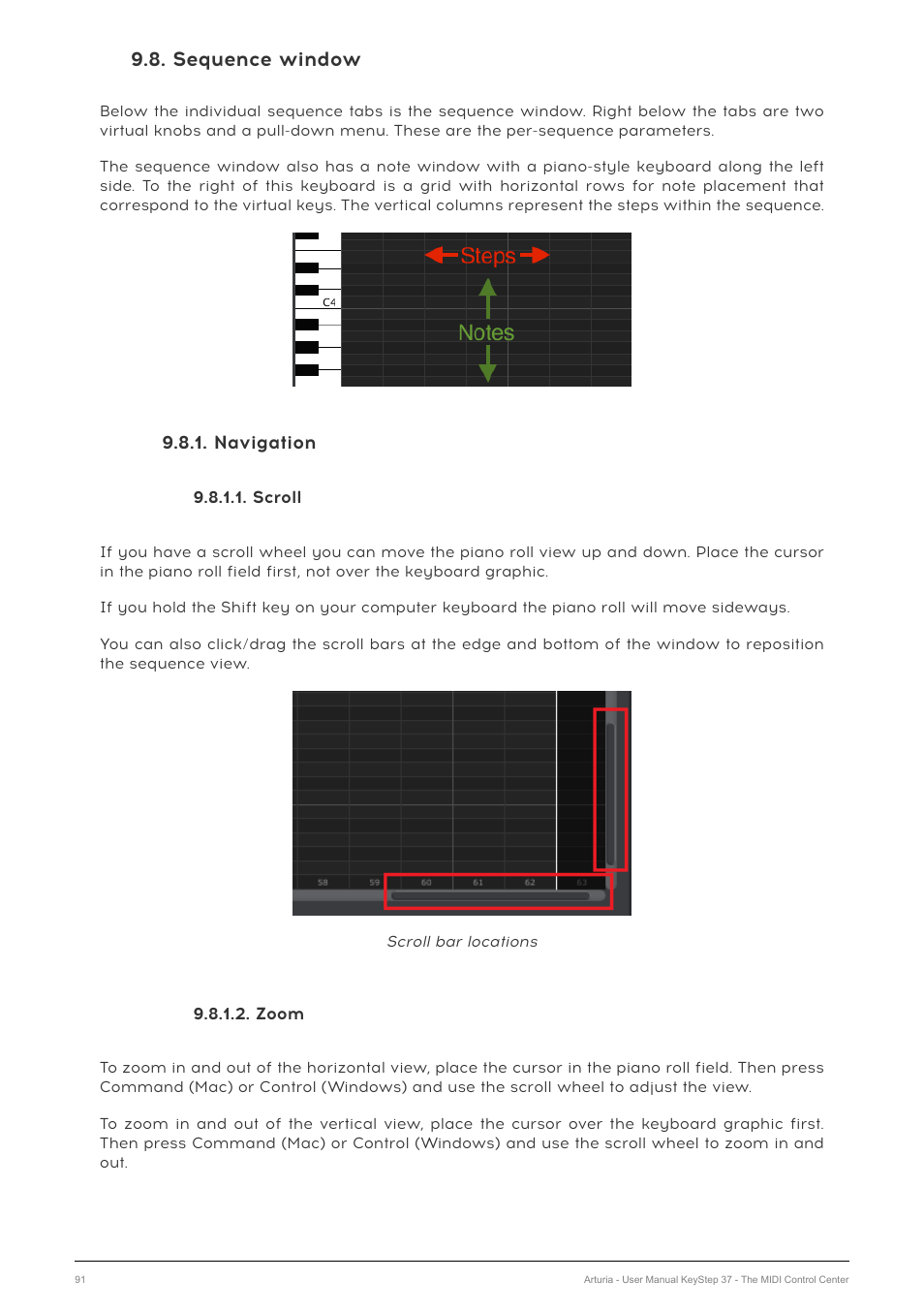 Sequence window, Navigation, Scroll | Zoom | Arturia KeyStep 37 MIDI Keyboard Controller and Sequencer User Manual | Page 96 / 119