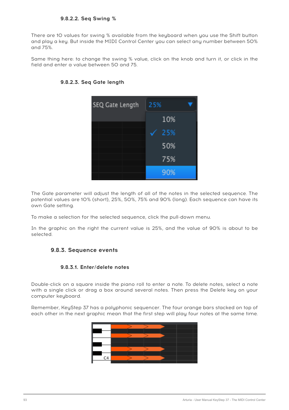 Seq swing, Seq gate length, Sequence events | Enter/delete notes, 3 [p.93 | Arturia KeyStep 37 MIDI Keyboard Controller and Sequencer User Manual | Page 98 / 119