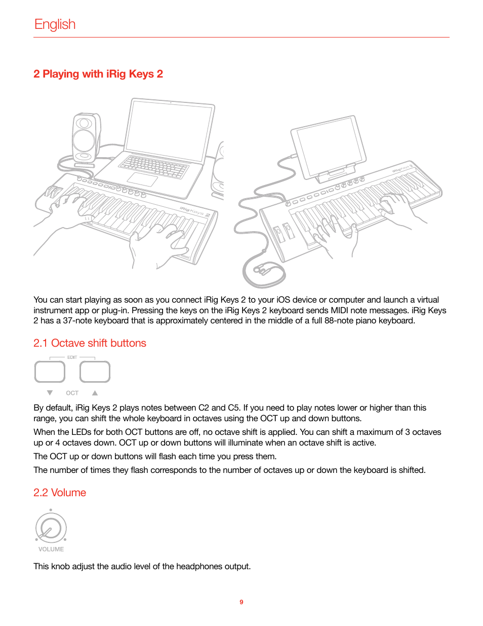 2 playing with irig keys 2, 1 octave shift buttons, 2 volume | English | IK Multimedia iRig Keys 2 Mini 25-Mini-Key USB MIDI Keyboard Controller User Manual | Page 10 / 62